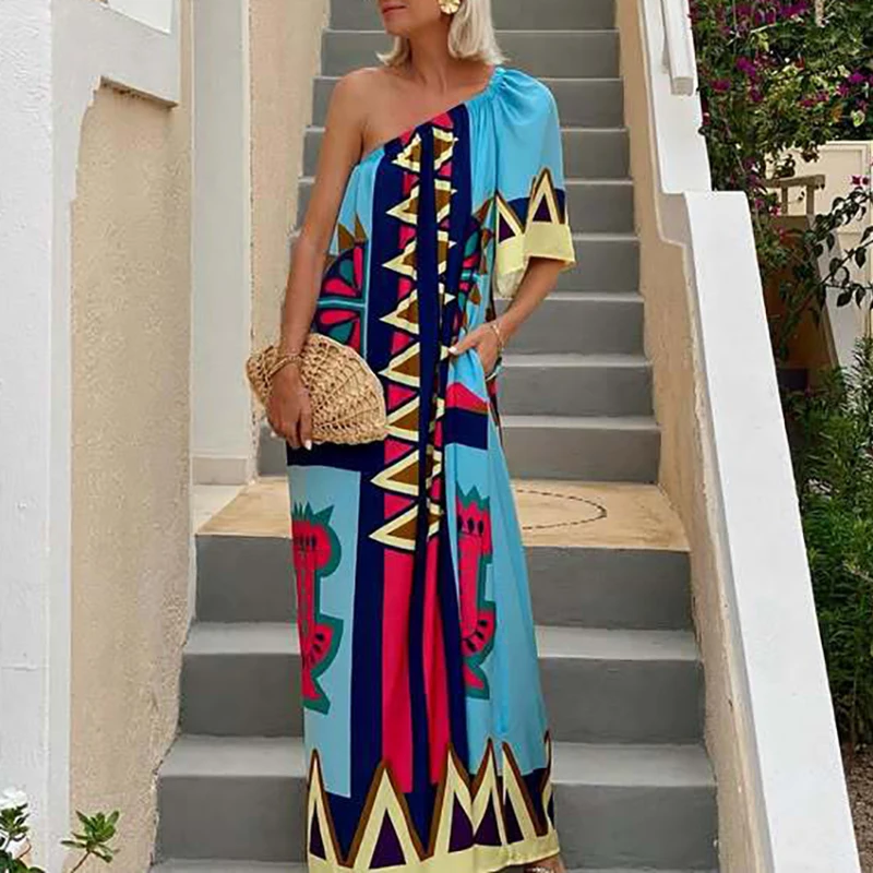 Abito ampio con tasca stampata geometrica Abito estivo asimmetrico con spalle scoperte a maniche corte Nuovi abiti Boho con collo inclinato per le vacanze