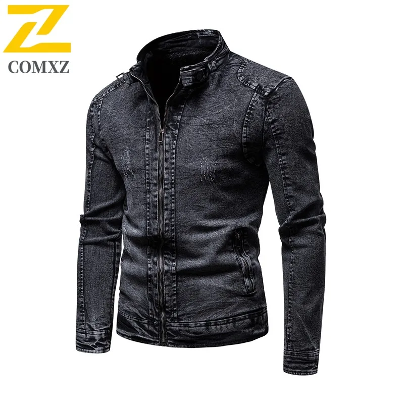 

COMXZ ретро джинсовая куртка модная и модная облегающая мотоциклетная куртка в корейском стиле высокого класса повседневное черно-синее осеннее мужское пальто
