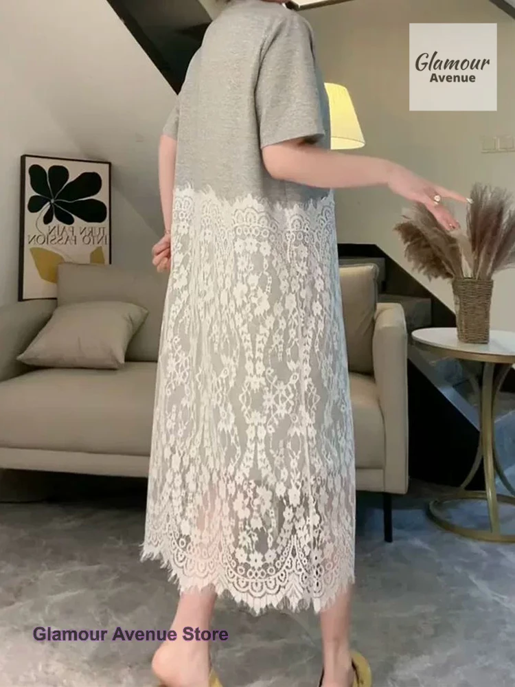 Abito estivo a maniche corte in pizzo con cuciture in tinta unita nuovo stile francese femminile plus size abito T-shirt slim Joker lungo allentato