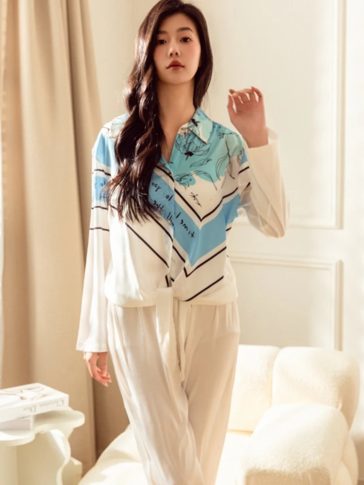 

2024 Spring New Pajamas Women's Ice Silk Fashion Printed Long Sleeved Pants Loose Thin Banded Can Be Outworn For Home Clothing