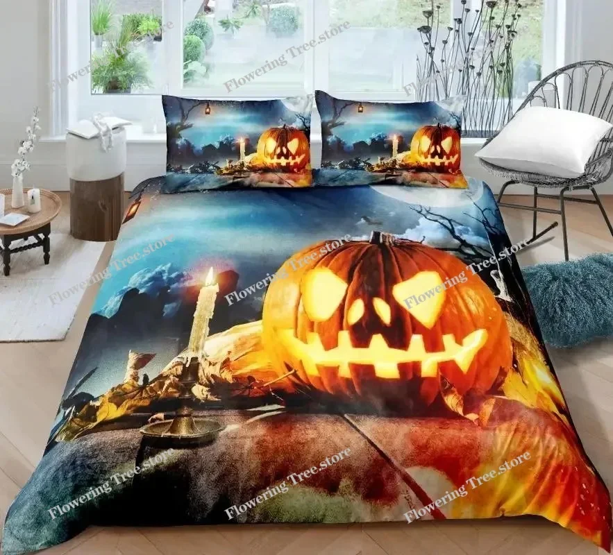 

Halloween Set Halloween Pumpkin Ghost Festival Themed Bedding Set For Kid Boy Teen Microfiber Queen Size Quilt Cover