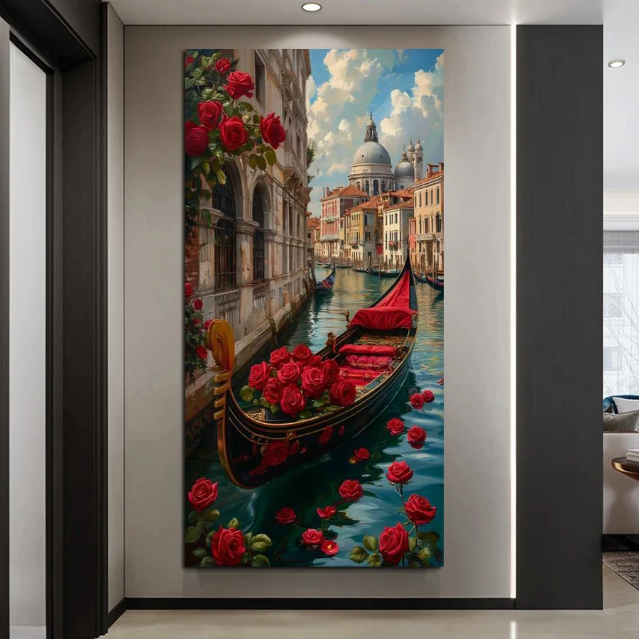 

Water City Ship Red Rose Large Size Diy Diamond Arts Painting Kits Scenery Full Square Round Drill Mosaic Embroidery Picture