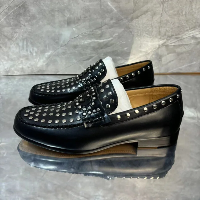 British Man Metal Flat Rivets Studs Loafer Shoes Hombre Zapatos Black Cow Leather Slip On Leisure Leather Shoes