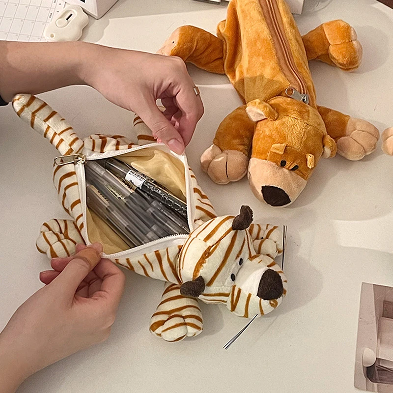 Cartoon Animal Elephant Lion Plush Pen Case For Kid School Season Large Capacity Supplies Stationery Storage Bag For Kid Gift