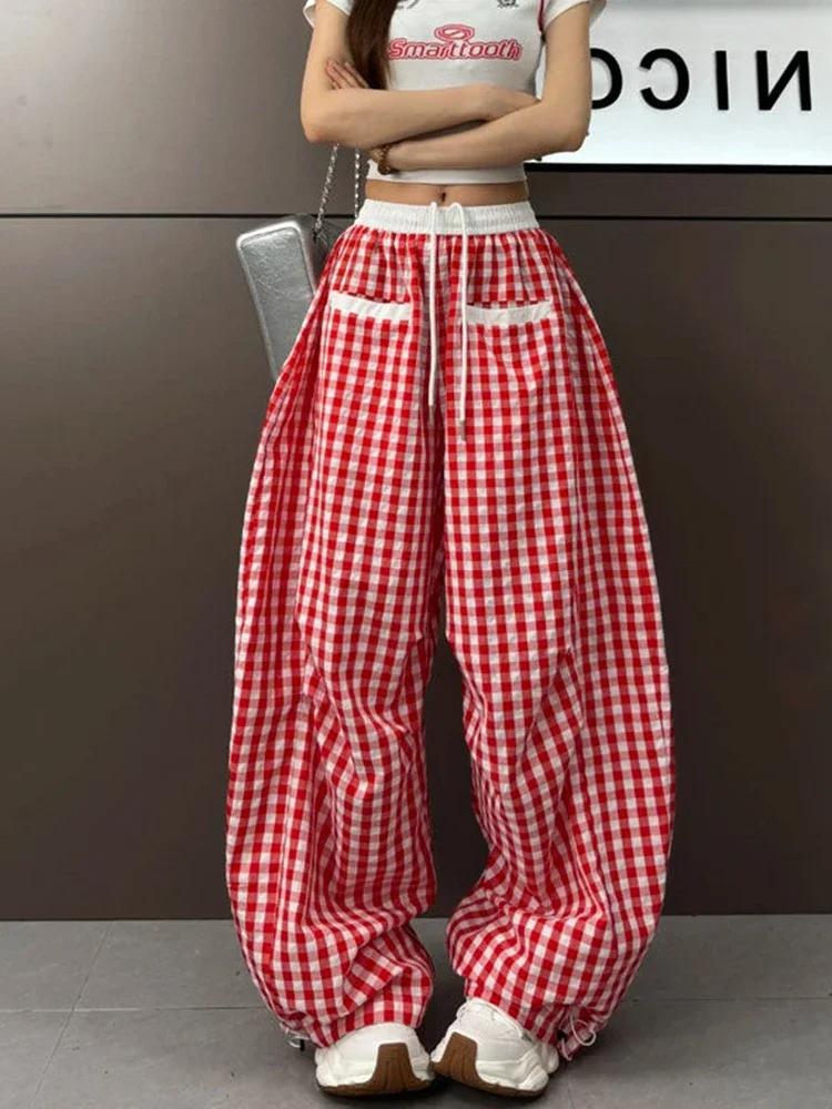 Pantaloni scozzesi retrò Harajuku Pantaloni larghi casual a vita alta da donna Streetwear Pantaloni larghi vintage americani Bf Novità