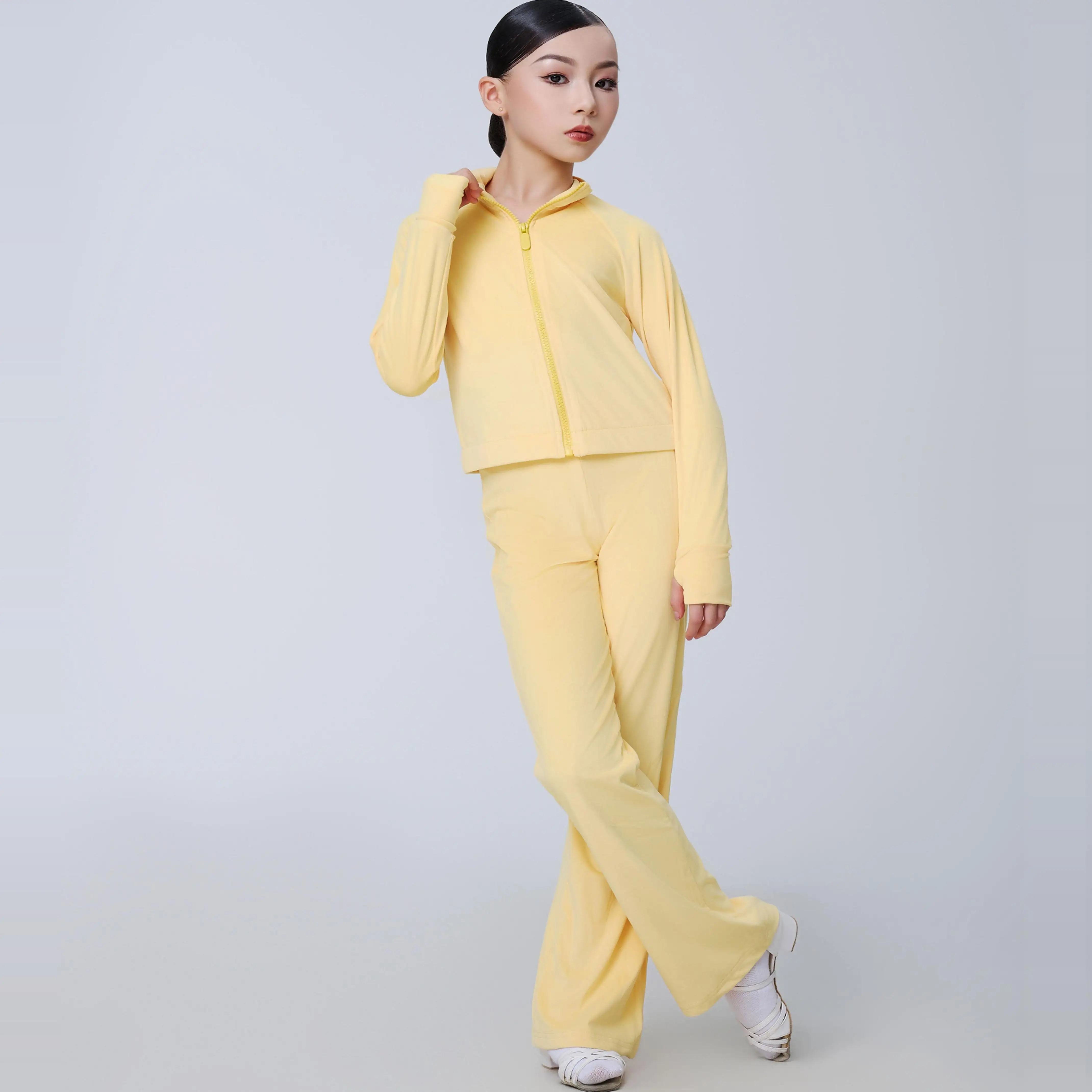 UK Latin dansjurk Dames gele trainingsset met ritssluiting aan de voorkant en versterkte stof voor prestatiepraktijk