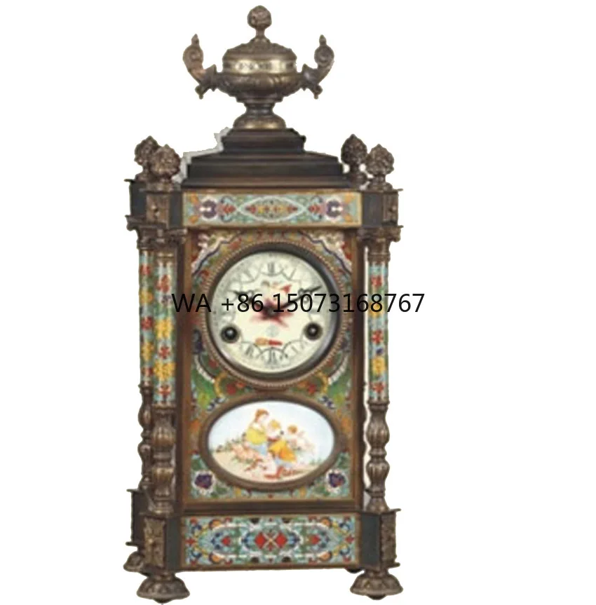 Solid Brass Vintage  Antique Gilt 19th  French Style 15 Days Mechanical Movement  Floral Blue Cloisonne Enamel Table/Desk Clock