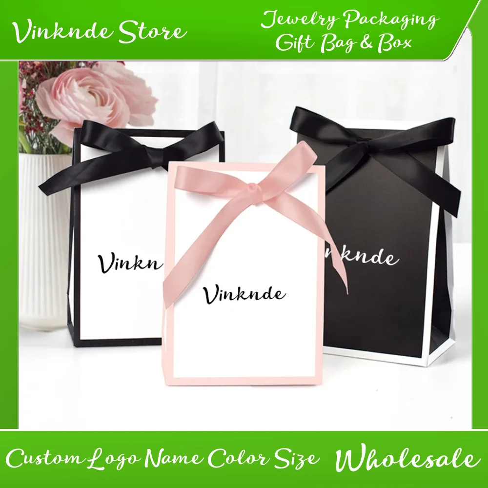

New Bulk Black White Paper Bags Custom Logo Wedding Party Gift Box with Bow Ribbon Present Packaging Jewelry Perfume Cosmetics