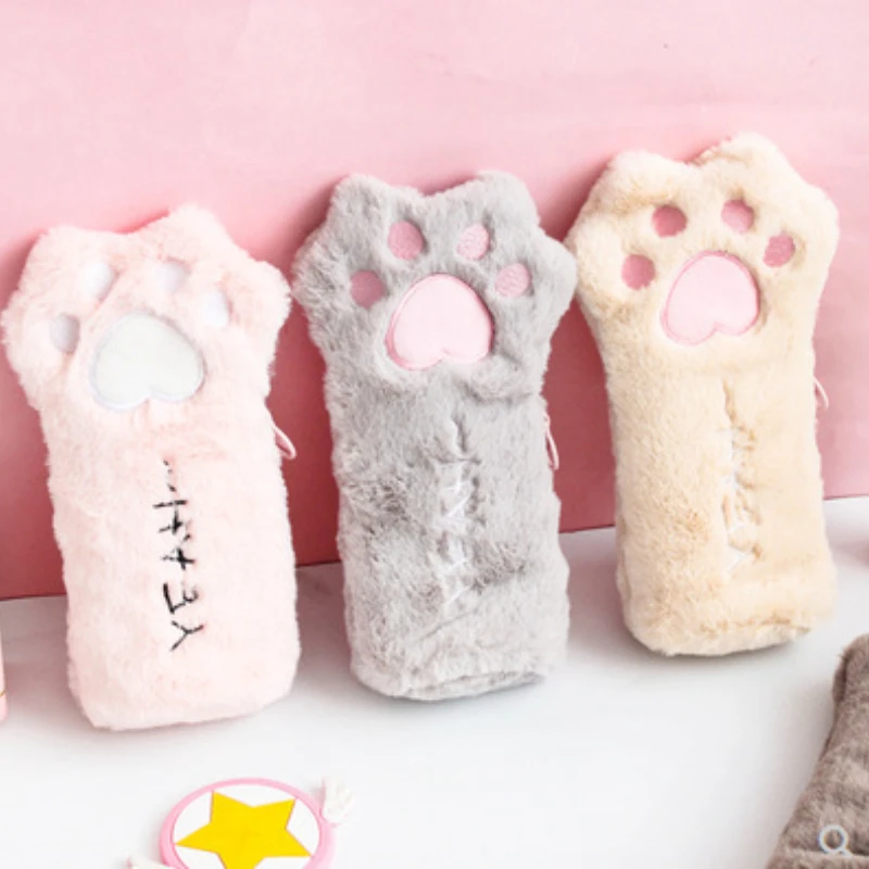 1Pc INS Fall/Winter Style Cute Furry Cat Paw Plush Pencil Pouch Kawaii Student Stationery Pen Bag Girls Back To School Supplies