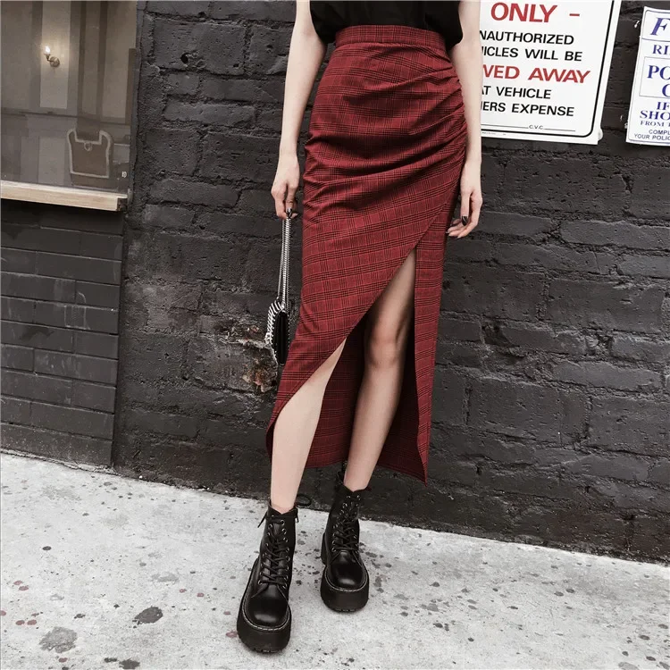 Ruibbit New Sping Summer Punk Gothic Harajuku Vintage Red Plaid Skirt Fashion Loose High Quality Female Asymmetric Long Skirts