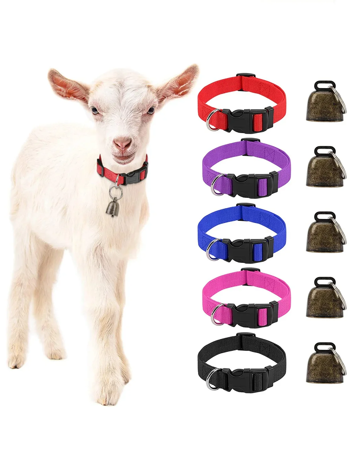 5 Pack Goat Collar with Bell Grazing Copper Bells and Adjustable Nylon Collar Set for Small Farm Animal Sheep Cow Pet Goat