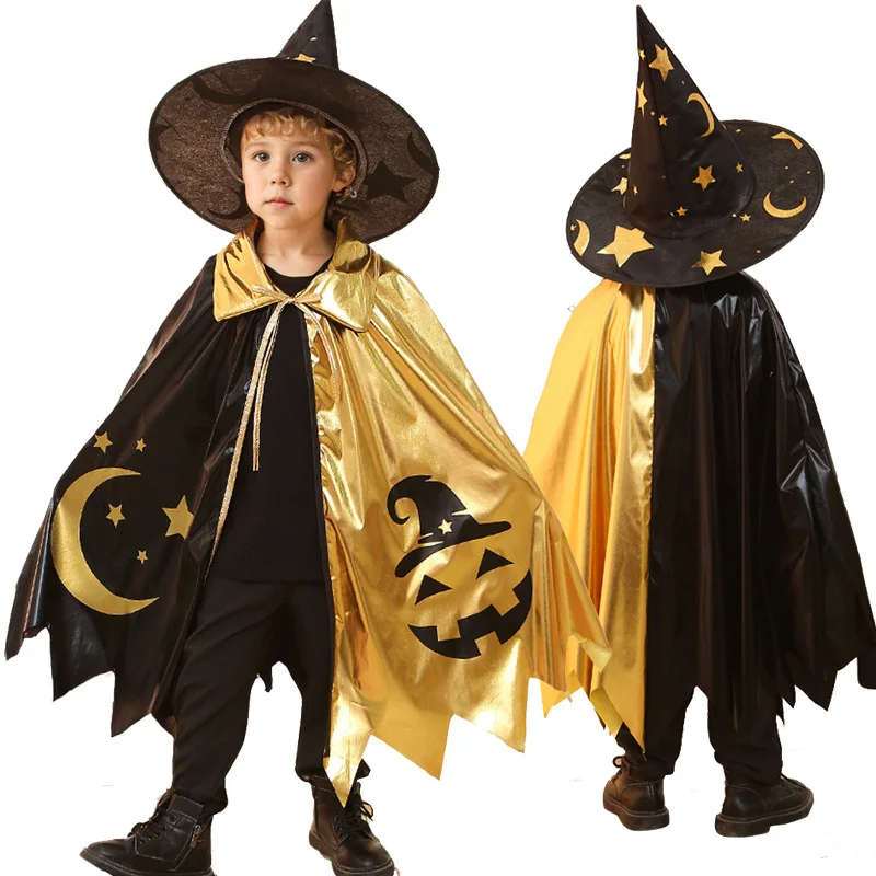 2024 Halloween Children Witch Cloak+Hat 2pcs Magician Print Party Cosplay Costumes for Kids Boys Girls Holiday Decoration Sets