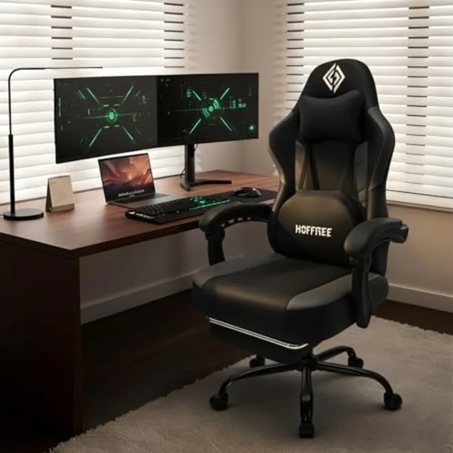 Gaming Chair with Heated Kneading Massage for Home Office Use, PU Leather, Black, Ergonomic Support and Adjustable Lumbar Pillo