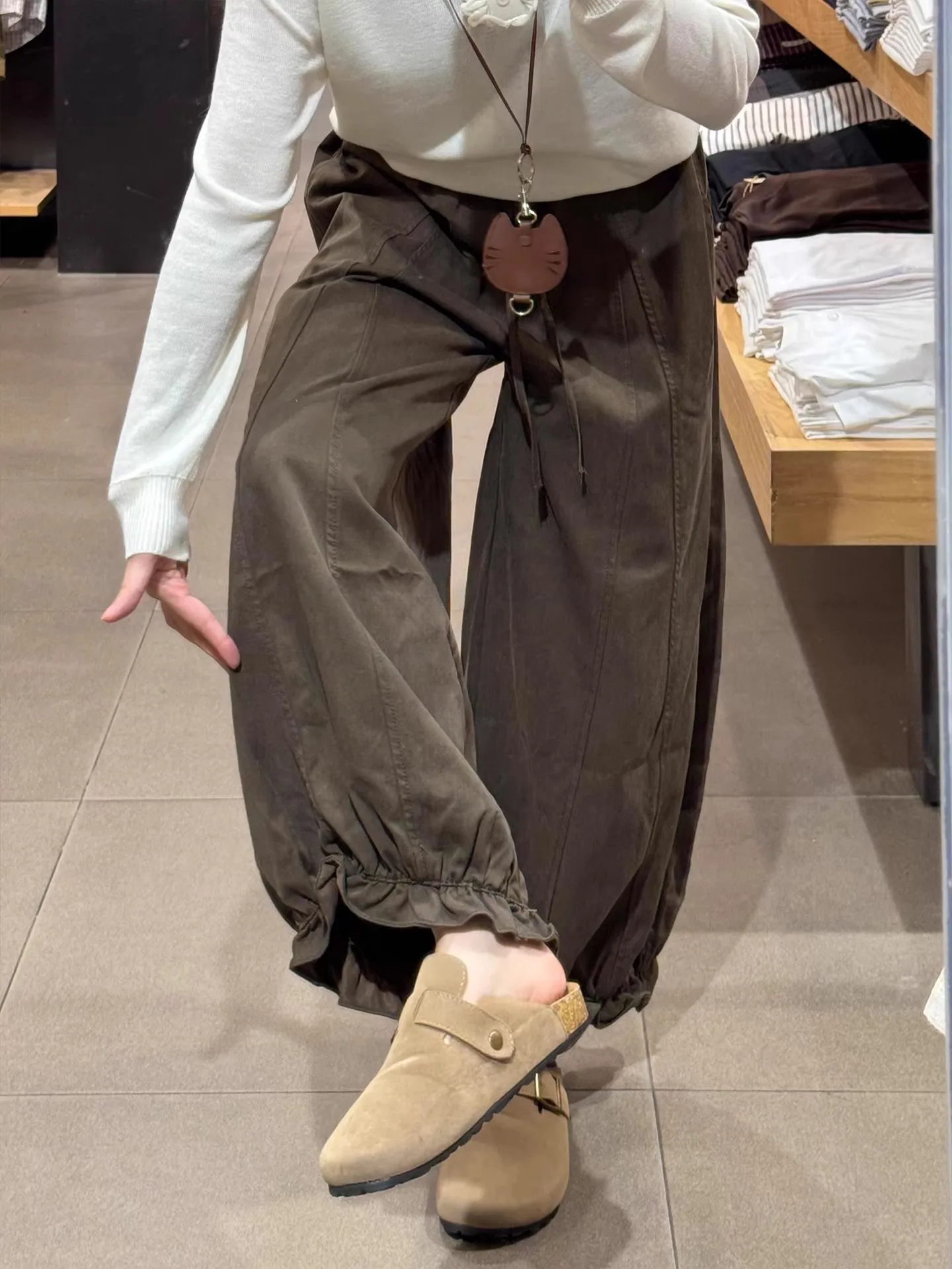 بنطال ذو قصة أرجل واسعة شريط مرن للمرأة الخريف ذات الطابقين منتظم صالح الجرونج المرقعة سروال قصير فحص محبوك سيدة النطاقات