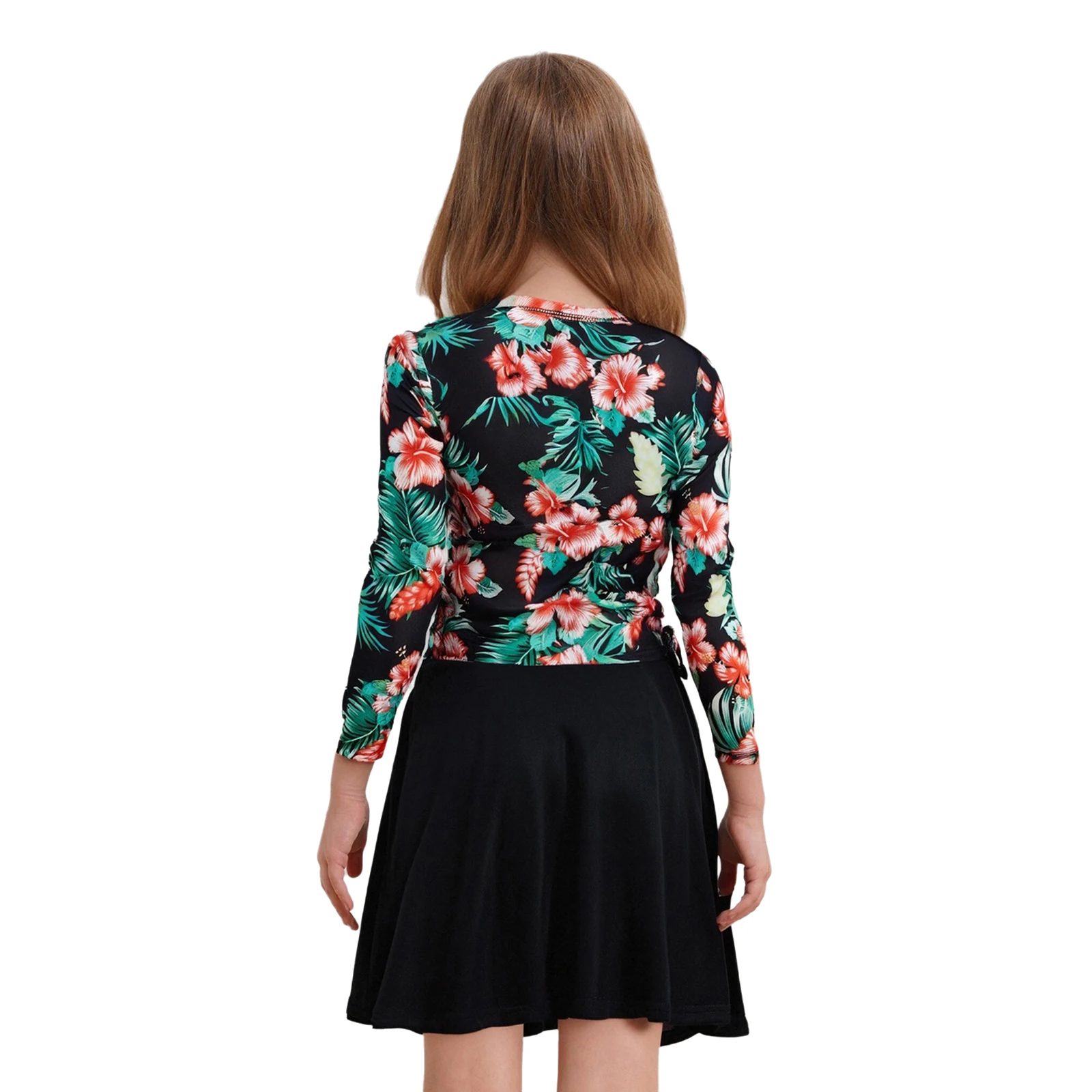 

Kids Girls Two Pieces Rash Guard Swimsuit Long Sleeves Drawstrings Swim Tops with Skirt Vibrant Print Beachwear Bathing Suits