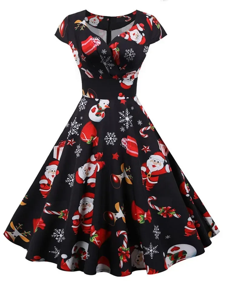 2025 ใหม่VINTAGE Punk Christmas PARTYชุดลําลองผู้หญิงแขนสั้นVคอElegant Retroพิมพ์คริสต์มาสปีพรหมSundress Robe