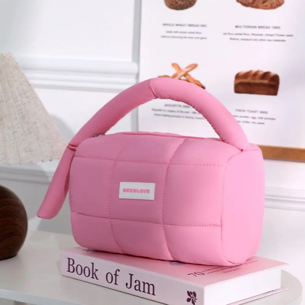 Fashion Solid Color Puffy Makeup Bag Large Capacity Zipper Travel Quilted Toiletry Bag Handbag Nylon Cosmetic Storage Bag
