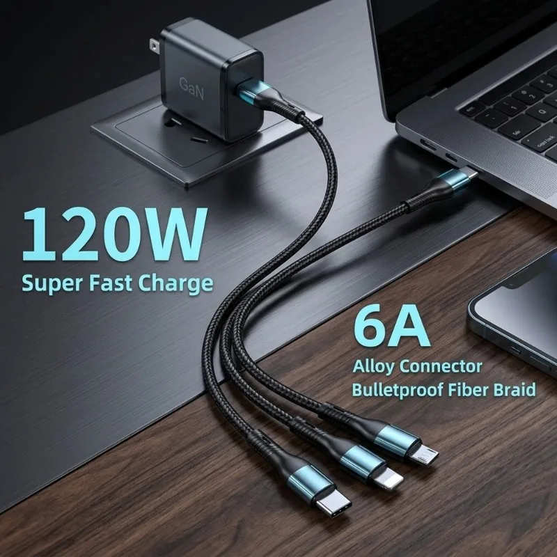 

120W 6A 3-in-1 USB Type C Cable Super Fast Charge Data Cord Alloy Connector Bulletproof Fiber Braid Quick Charging Wire for Mult