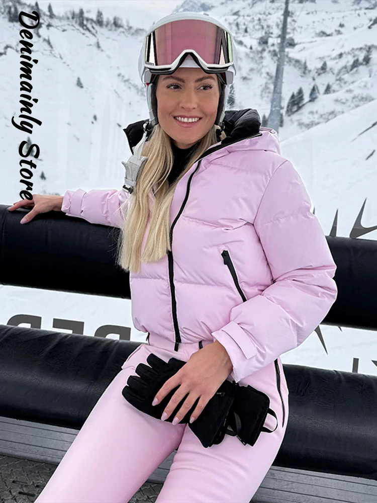 الوردي يندبروف ملابس التزلج السراويل 2 قطع مجموعات النساء مقنعين سستة معاطف جيب واسعة الساق بانت 2025 الشتاء سيدة الدافئة رياضية جديد