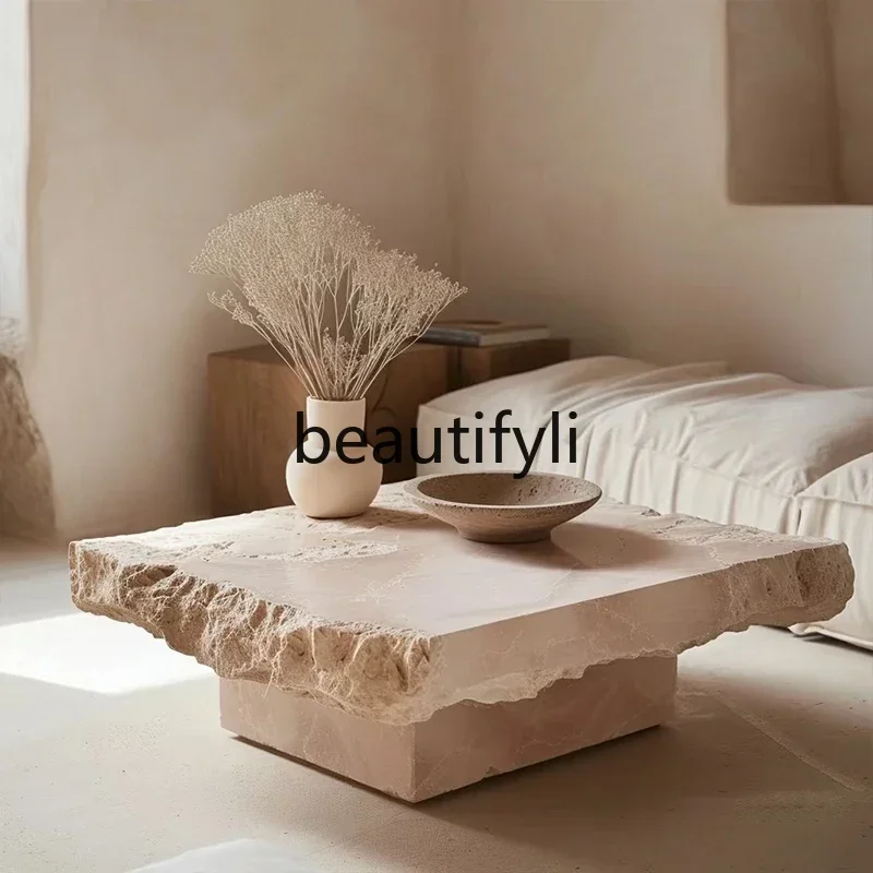 

G Wabi-sabi natural travertine coffee table living room, simple retro art crushing effect stone table
