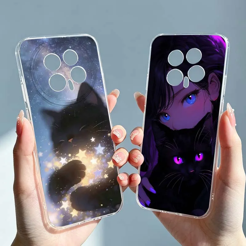 Capa de Celular Menina e Gato Preto para Honor Magic 8 7 6 X9C X9b X7d X5C X50 Play 8T 7T 200 400 9X Lite Pro GT Plus 5G