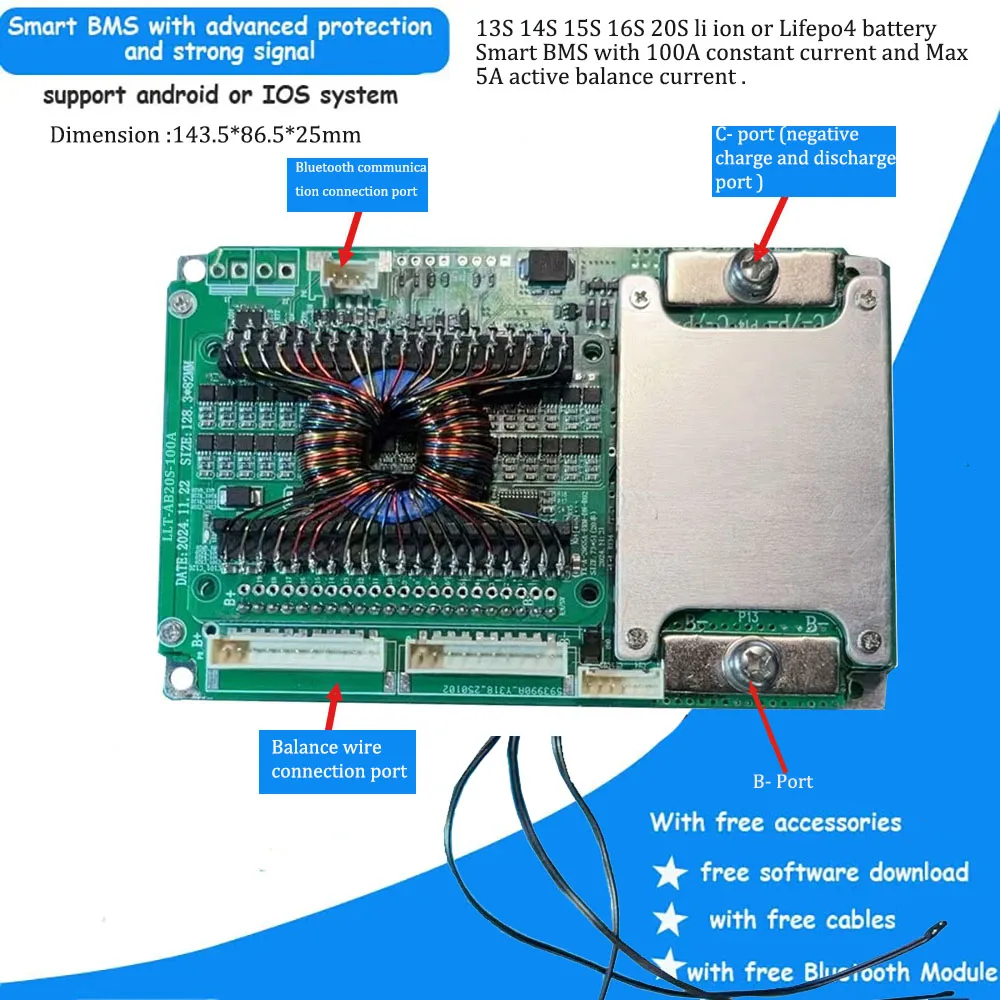 13S 14S 16S 20S li ion or lifepo4 smart Bluetooth bms with active balance function 5A for 48V 60V 72V Li ion or lifepo4 battery