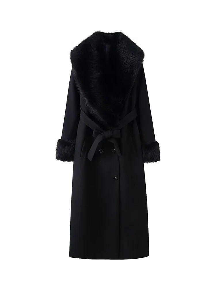 

European-style new women's fashion, versatile, elegant solid color lapel button-down woolen long coat with fur collar.