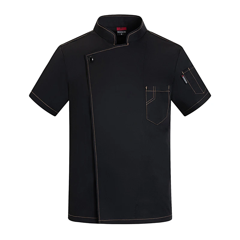 Veste de Chef noire à manches courtes avec logo, uniforme de Chef pour hommes, uniformes de cuisine de Restaurant, chemises, manteau de cuisinier d'été, vêtements de serveur