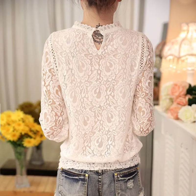 Fashion Stand Collar Spliced Hollow Out Lace Blouses Female Clothing 2024 Autumn New Loose Solid Color Chic Tops Sweet Shirts