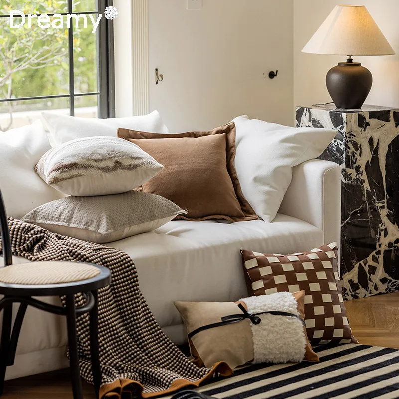 

Nordic Cushion Cover Living Room Handmade Woven Pillowcases Modern PU Leather Cushion Case Couch Cushion