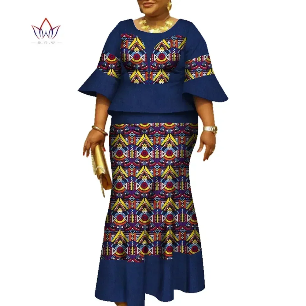 African Ruffles Sleeve Print Tops and Skirt Sets for Women Bazin Riche African Clothing 2 Pieces Customize Skirts Sets WY5712