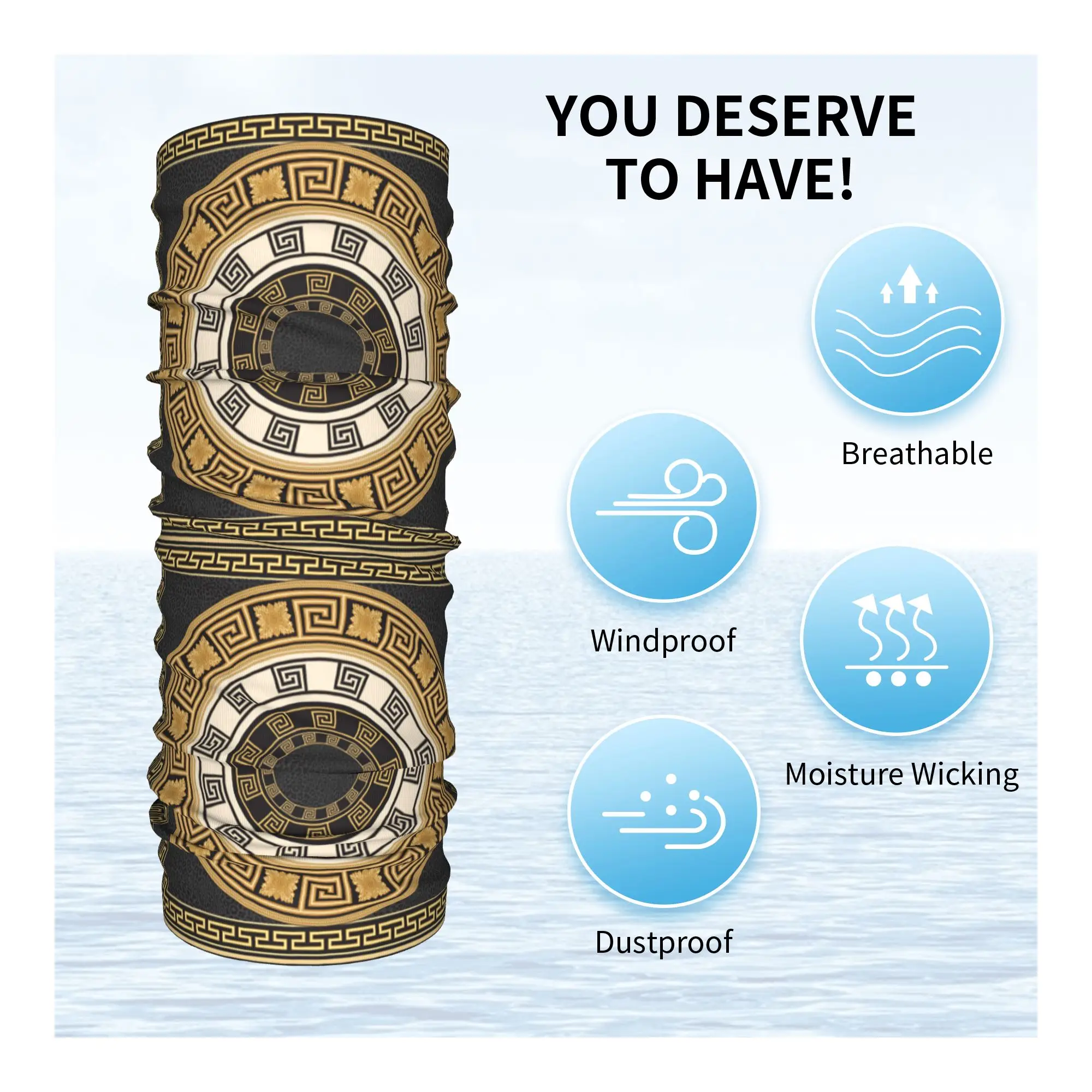Golden Greek Meander Design Bandana Neck Gaiter Printed Wrap Scarf Multifunction Headwear Cycling For Men Women Adult view 3