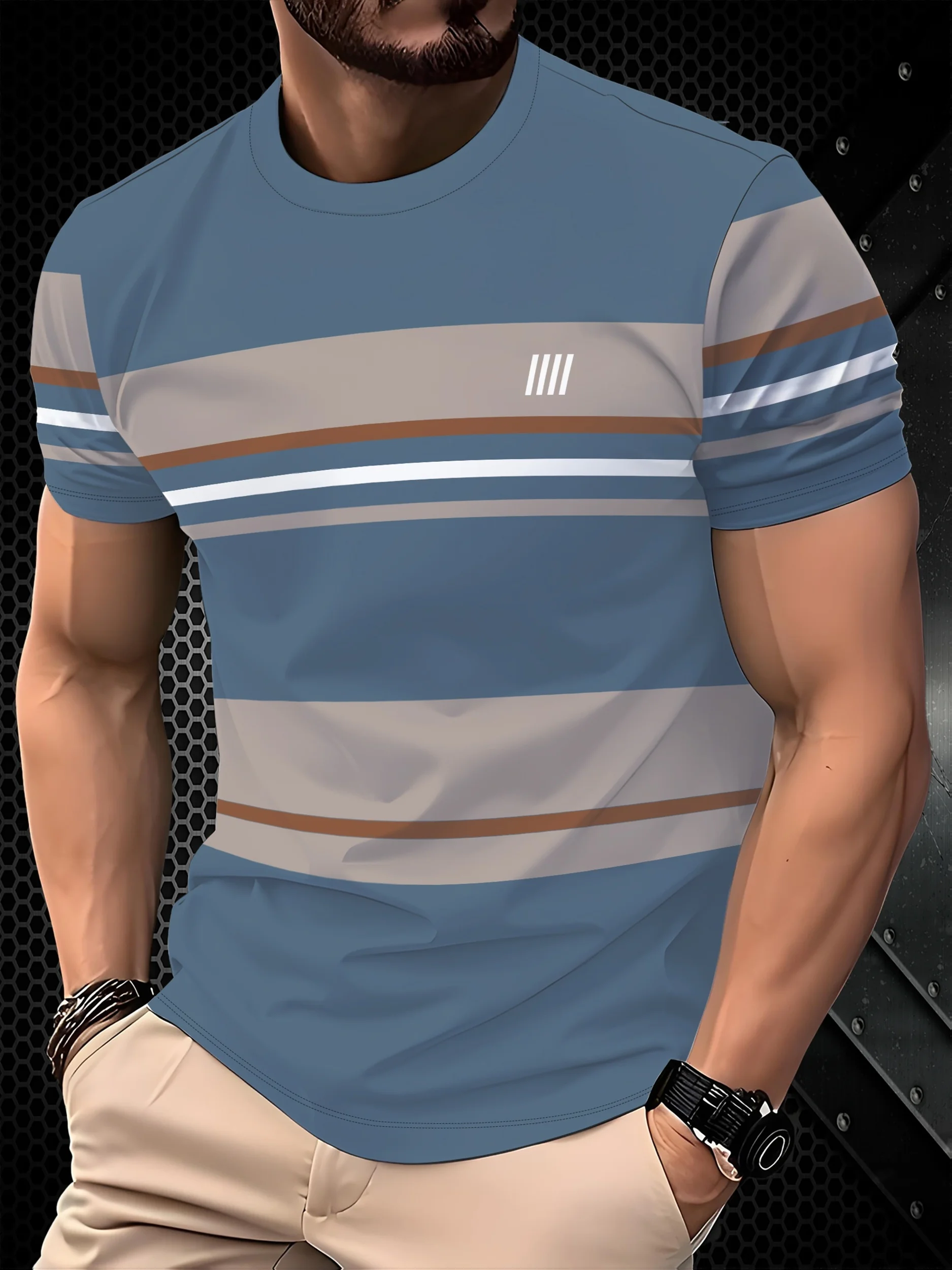 Classic Striped Color-Blocked 3D Print Men's Summer T-Shirt, Outdoor Crew Neck Top, Street Quick-Drying Sweatshirt
