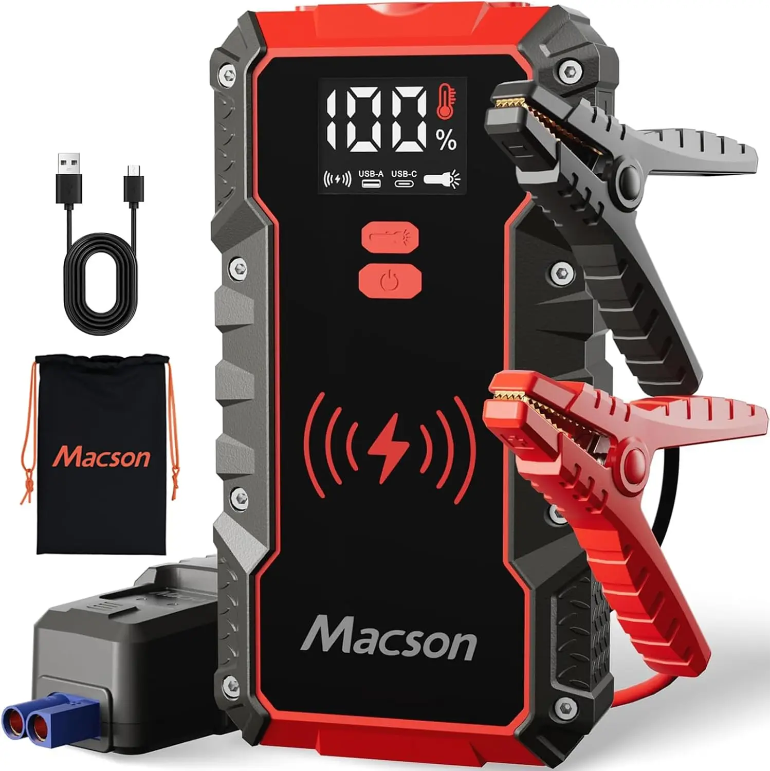 

Car Jump Starter 3000A, 59.2Wh 16000mAh PD60W Fast Charge with 10W Wireless Charge & Flashlight