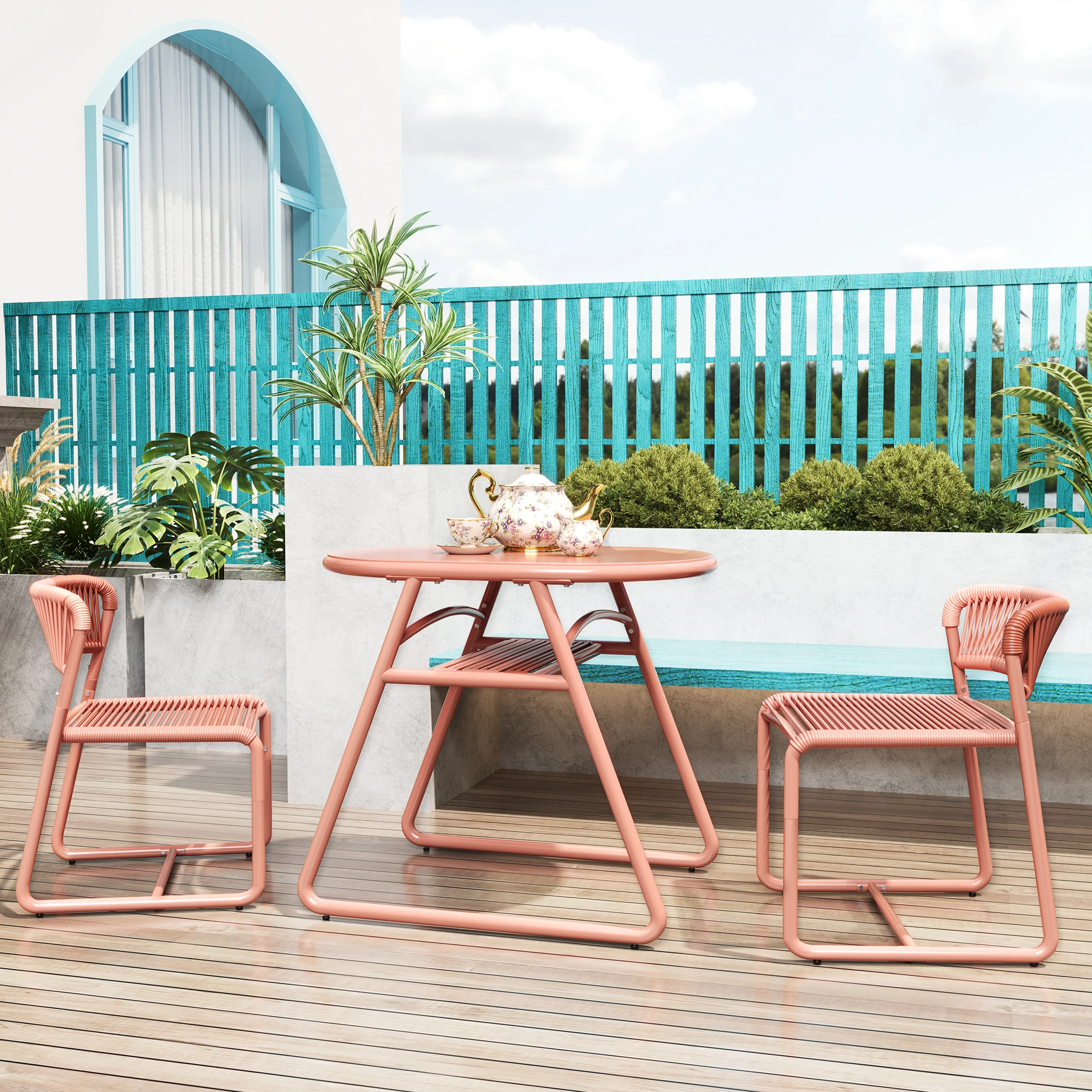 Ensemble bistrot d'extérieur 3 pièces – Table ronde 80 cm et 2 chaises en fer et corde PE respirante – Structure anti-corrosion, design moderne, compact, facile à nettoyer, idéal pour terrasse