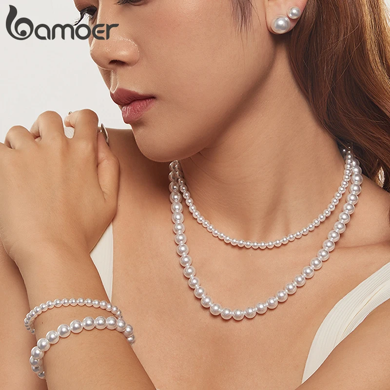 Bamoer 925 Sterling Silver Original Shell Pearl Bracelet Elegant Star Earrings Beads Necklace For Women Fine Jewelry Set Party