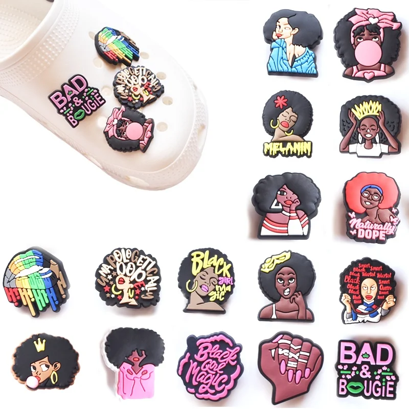 PVC Shoe Charms Black Girl Shoe Accessories Explosion Head Shoe Decoration Shoe Buckles for Croc Sandals X-mas Gifts Pins Buckle