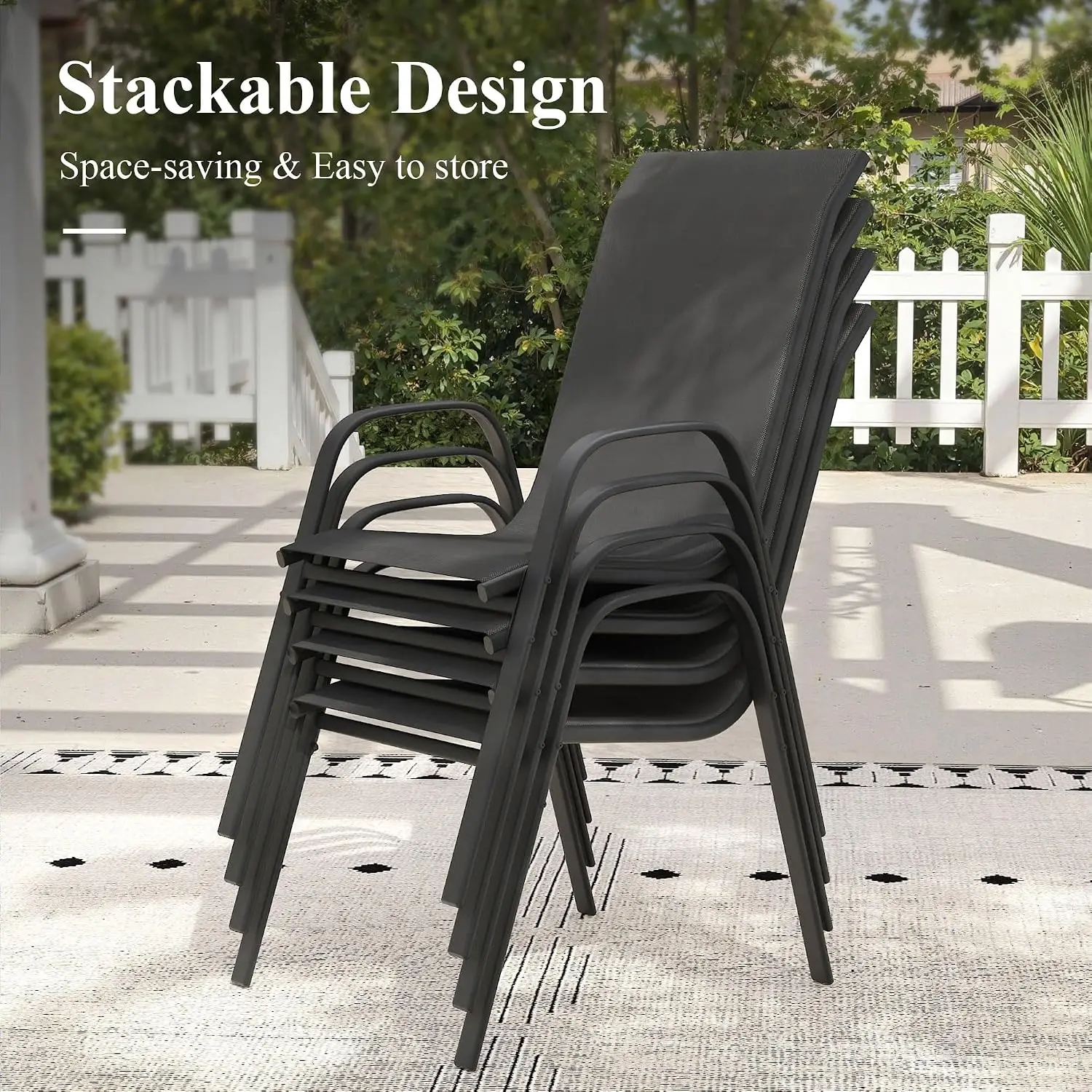 Outdoor Dining Set 5-Piece Spliced Table with Umbrella Hole & Stackable Chairs for Deck Garden Porch, Black & Walnut, Customized