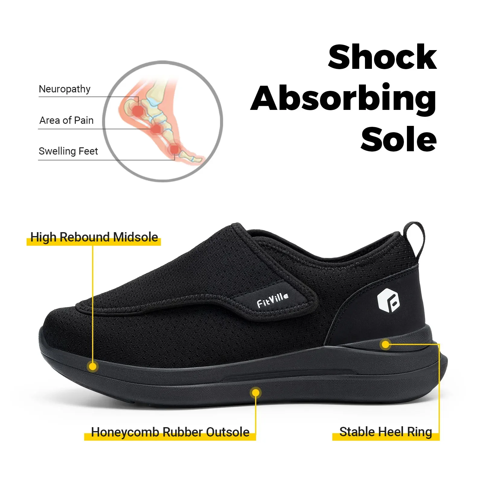 FitVille Wide 2E Diabetiker-Schuhe für Herren, für ältere Menschen, orthopädische Schuhe für geschwollene Füße, verstellbarer Gehschuh, Schmerzlinderung für ältere Menschen. – Detail 5