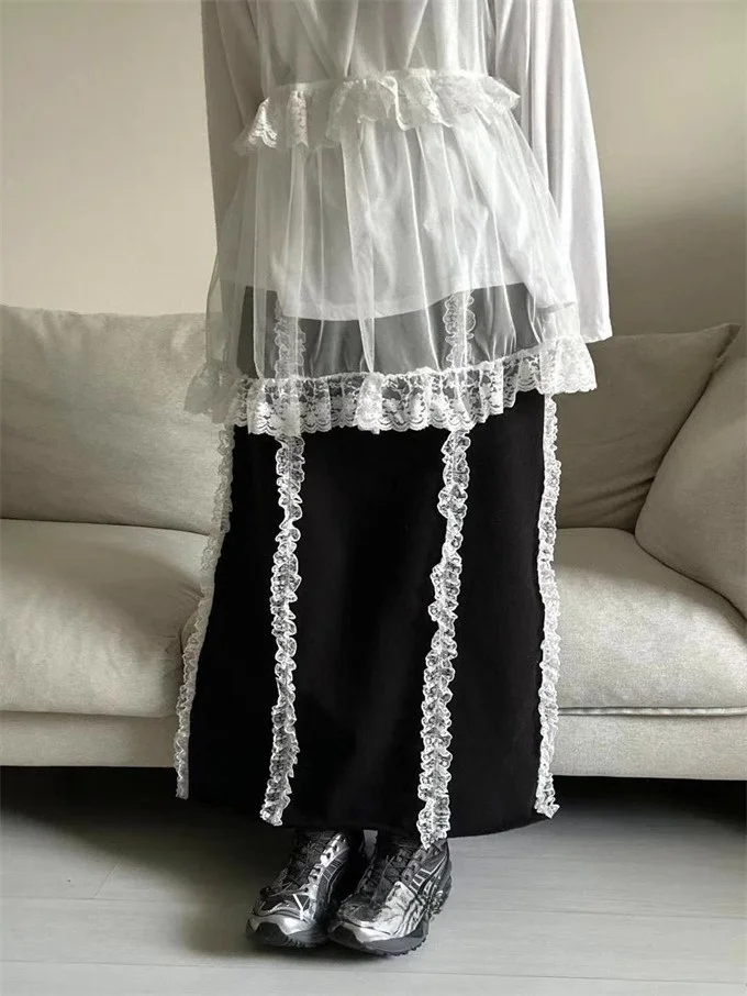 여성용 신축성 있는 허리 밴드 슬릿 레이스 트림 장식 스커트 하이 웨이스트 롱 스커트 다용도 기타 소재