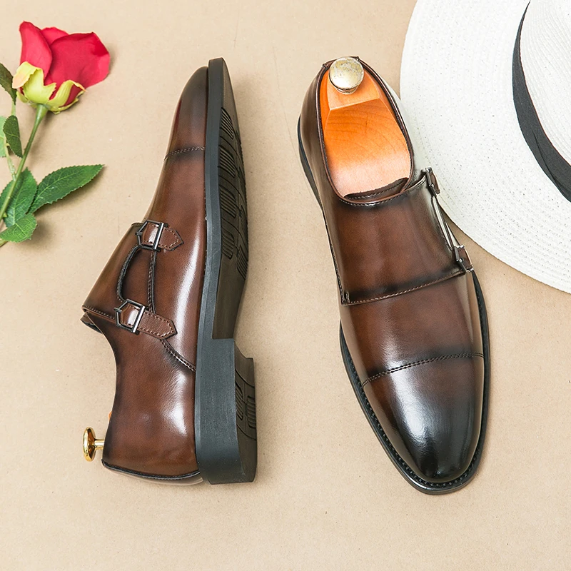 

Men Business Dress Shoes Black Brown Side Double Button Leather Shoes European Fashion Versatile Suit Le Fu Shoes Size 38-46