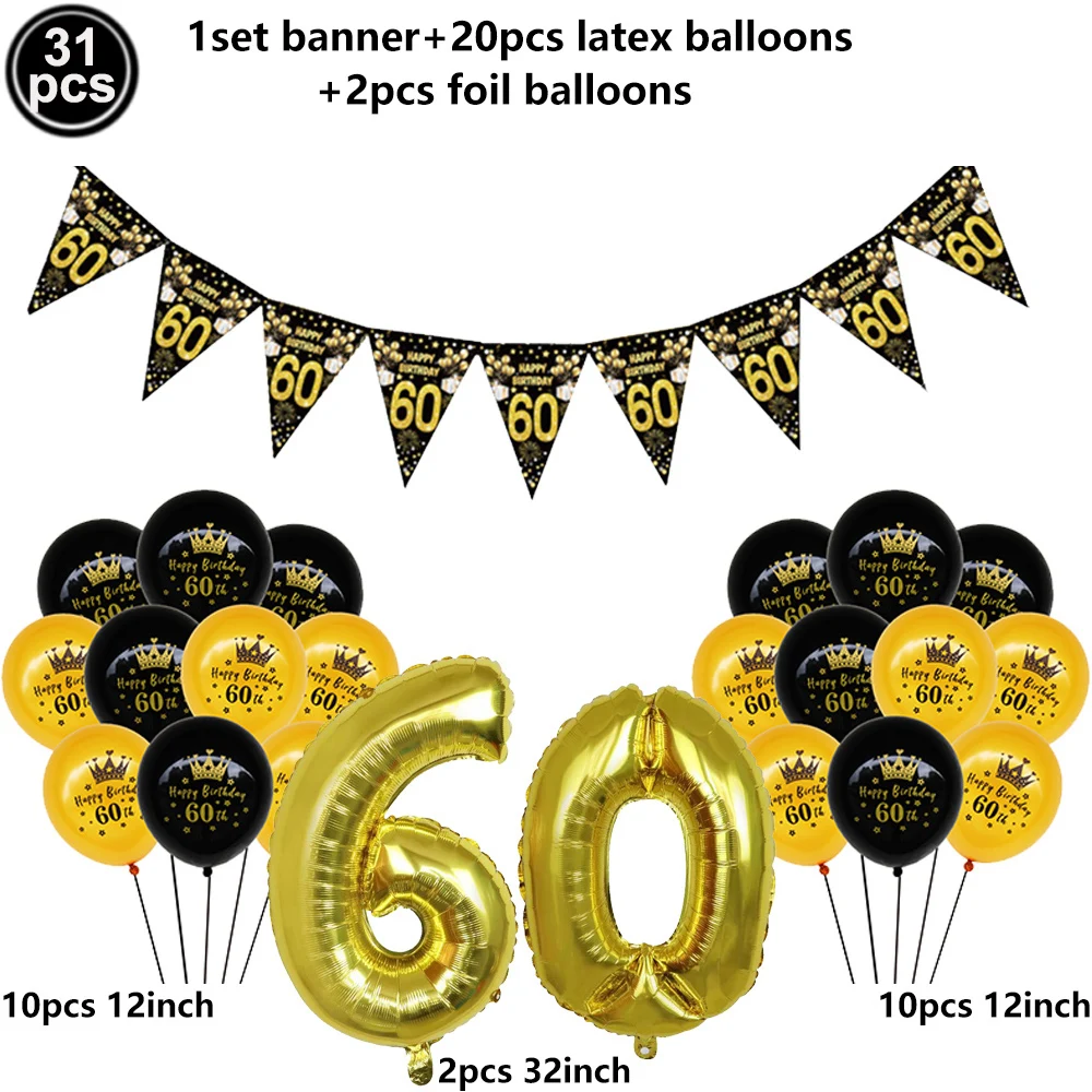 60. Geburtstag Party Schwarz Gold Ballon Tür Banner Dreieckige Flagge 60. Alles Gute zum Geburtstag Box Männer Frauen Geburtstag Party Supplies ﻿ – Detail 2