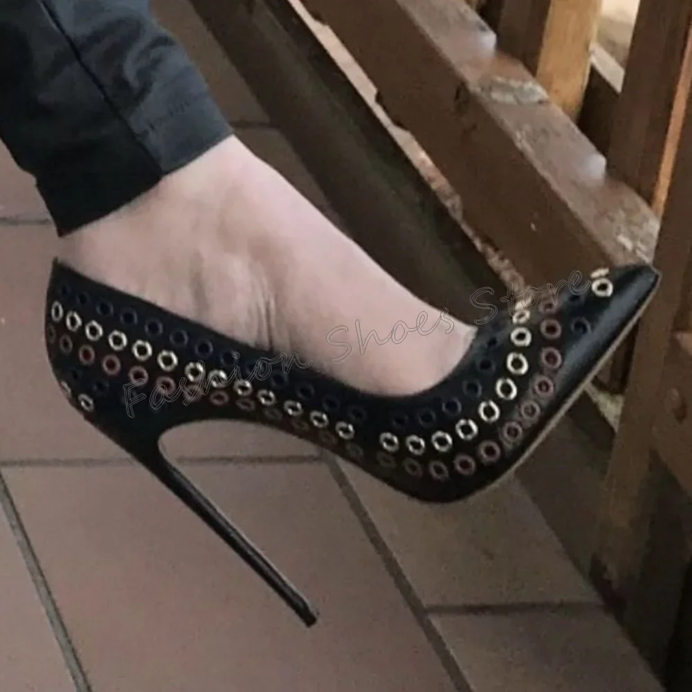 Zwarte metalen ring puntige neus pompen mat leer dunne hoge hakken hoge hak schoenen voor vrouwen hakken 2025, nieuwe zapatos para mujer