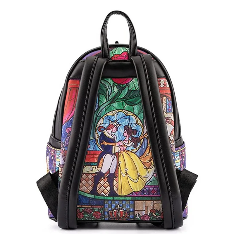 Disney Princess Castle Series Belle Womens Double Strap Shoulder Bags Beauty And The Beast Printed PU Leather Women Backpack