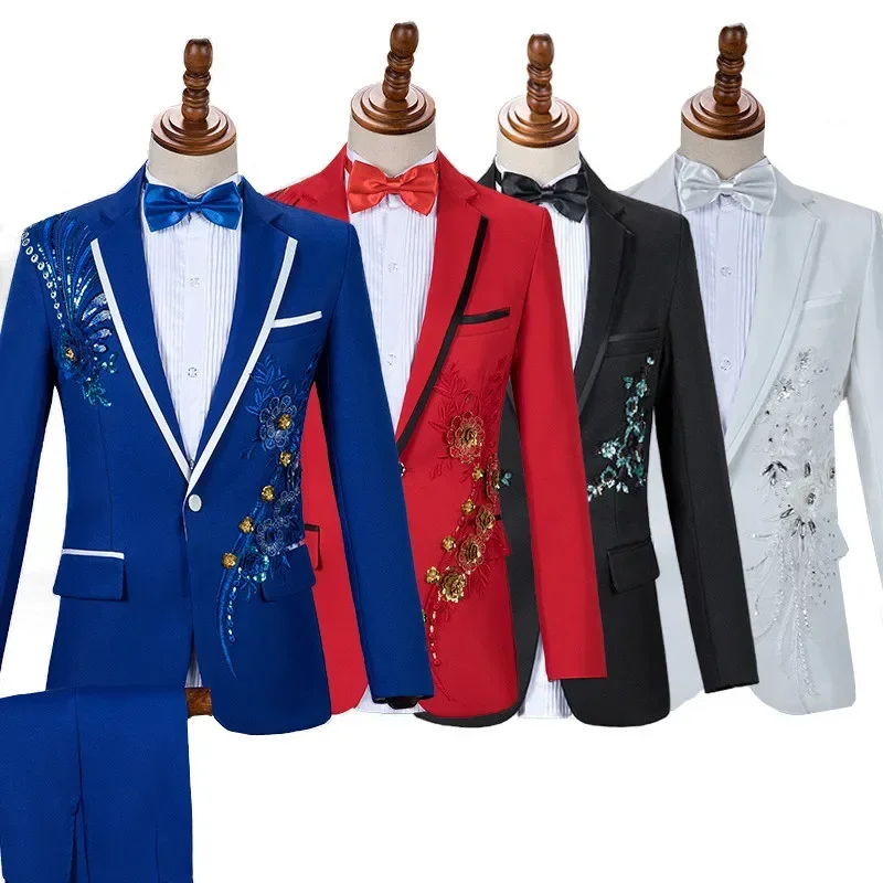

2025 New Men Luxurious Wedding Suits Blue / Black Trendy Singer Host Dance Party Decal Dress Blazer and Pant