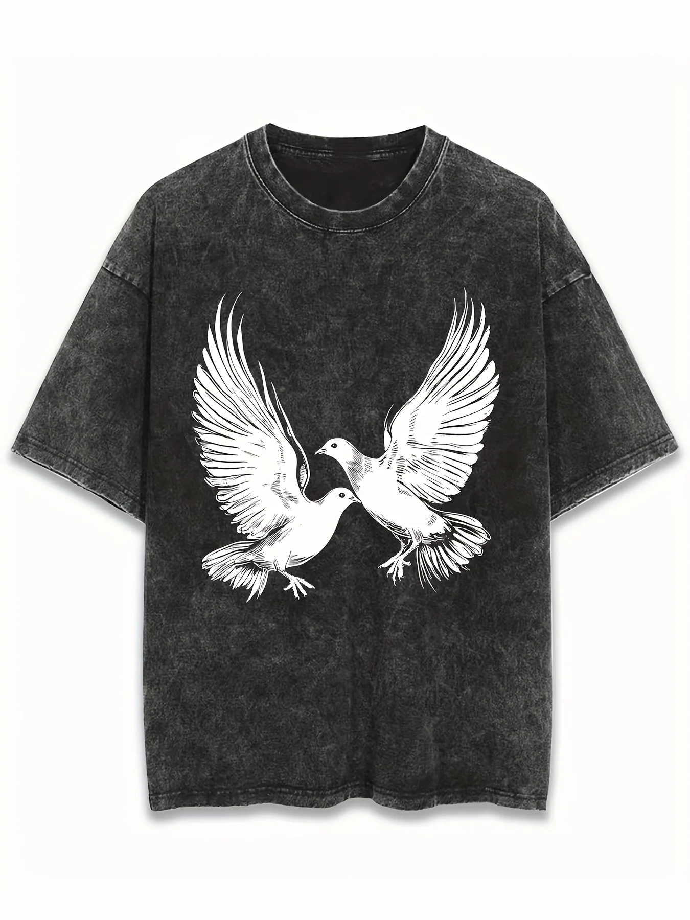 Men's Vintage Washed T-Shirt with Two White Dove Prints, Casual Loose Fit, Perfect for Summer Wear, a Gift Idea for Friends, Family, or Company Events