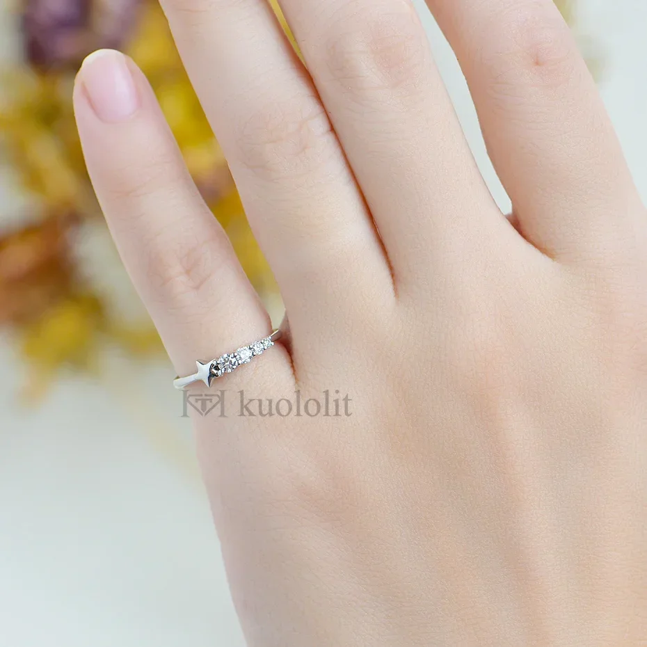 Kuololit 0.2CT Lab Diamonds Solid 18K 14K White Gold Star Ring for Women Diamond Matching Wedding Band Engagement Christmas Gift