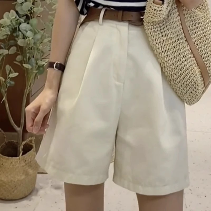 Khaki Wide Leg Shorts for Women Summer Thin Cotton A-Line Short Pants Office Lady Classic Loose Casual Zipper Women‘s Shorts