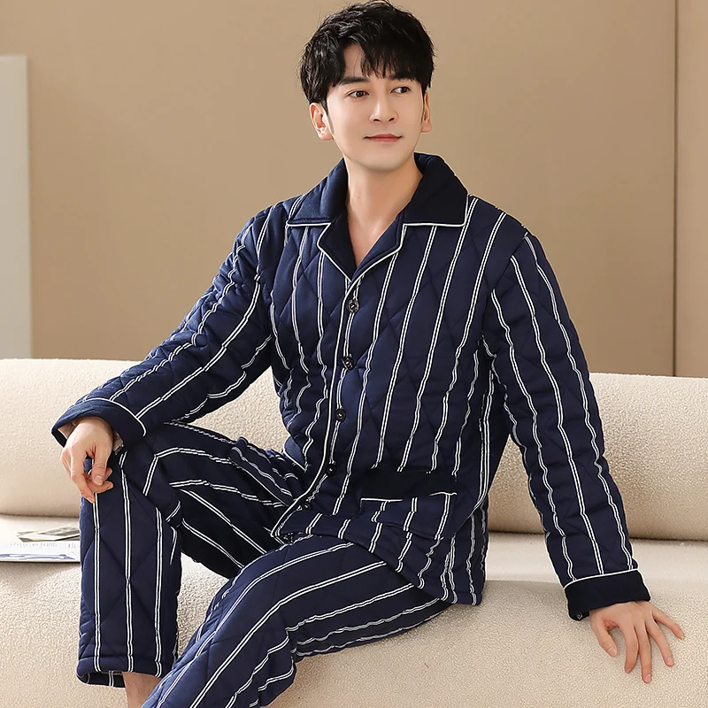 Xadrez impressão acolchoado pijamas masculinos conjunto de inverno puro algodão grosso manga longa calças conjunto casual outono serviço de casa masculino pijamas