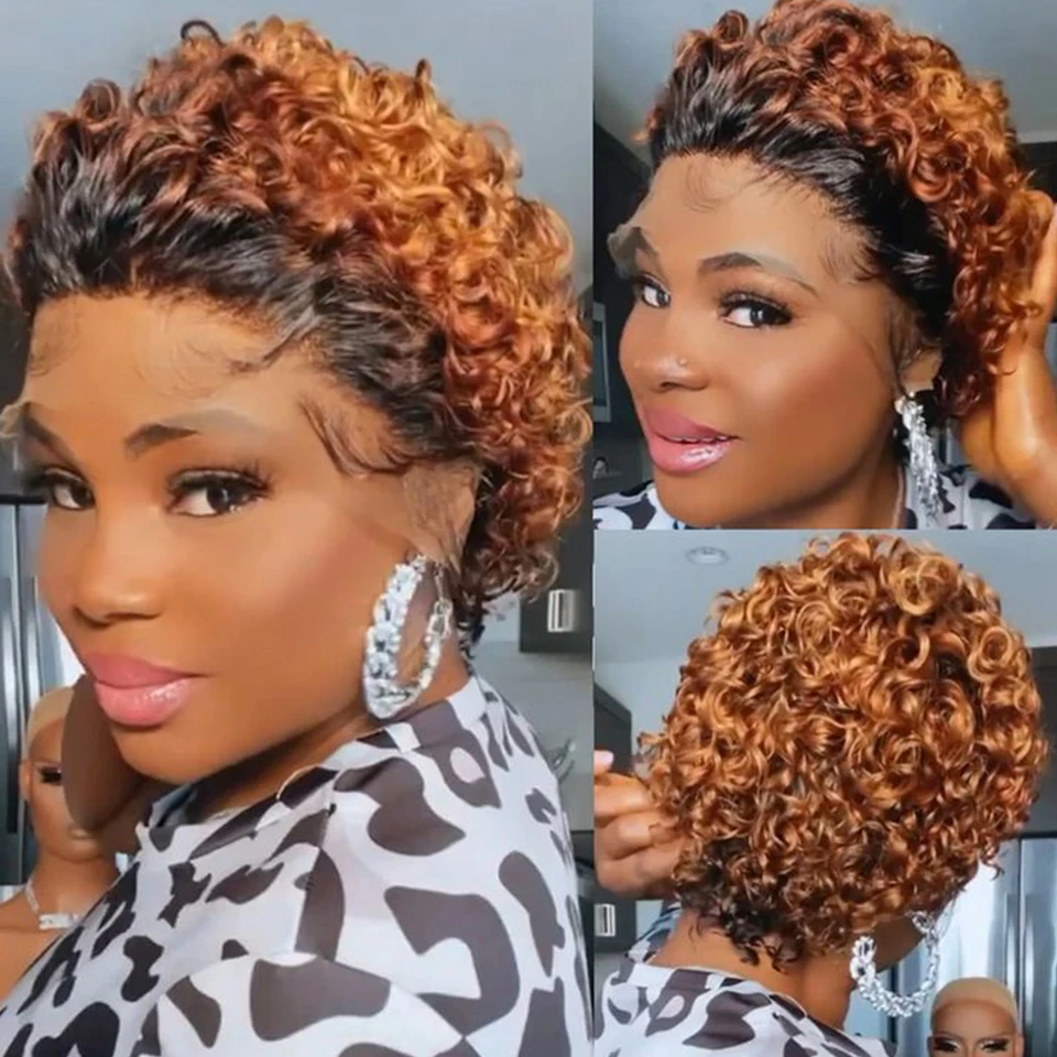 Elegante peruano Pixie corte peruca, curto Bob encaracolado perucas de cabelo humano, Ombre, água onda profunda, peruca frontal transparente do laço, TT1B/350